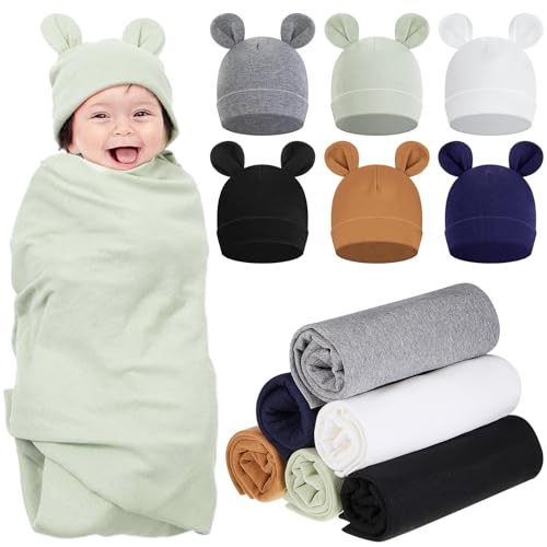 Image of ramede 6 Sets Baby Swaddle Blanket with Hats Receiving Blankets for Boys Girl Baby Receiving Blankets Newborn Swaddle Wrap Hospital Receiving Blankets for 0-3 Mouths Unisex Baby (Multicolor,Simple)