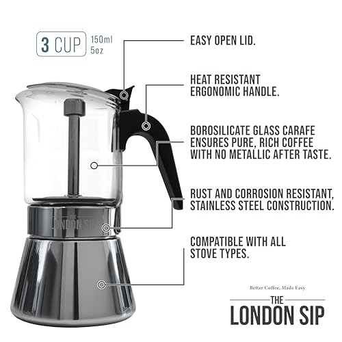 Image of The London Sip Glass and Stainless Steel Stovetop Espresso Maker Moka Pot Italian Coffee Percolator, Glass, Small (5.07 oz)