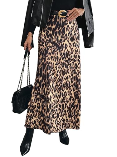 GORGLITTER Damen Leo Rock Elegant Maxirock mit Leopardenmuster Hohe Taille Freizeitrock mit Reißverschluss Herbstrock mit Rüschensaum Leopardenparden M