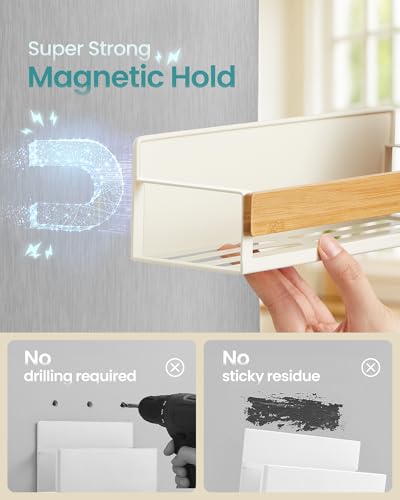 Image of SONGMICS 4-Pack Strong Magnetic Real Bamboo Spice Racks for Fridge | Kitchen Magnetic Shelves for Washing Machine, Spice Organizers, No Drilling Needed, Cream White UKCS062WD01