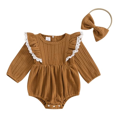 Image of Douhoow Baby Girl Sweatshirt Romper Infant Baby Knit Romper Ruffle Festival Clothes Fall Winter Outfits with Headband