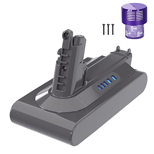 V10 Batterie 25,2V 6000mAh Batterie de Remplacement pour Dyson V10 Batterie V10 Absolute, V10 Animal, V10 Fluffy, V10 Motorhead Batterie Aspirateur sans Fil (1 Filtre + 3 Vis) Cover