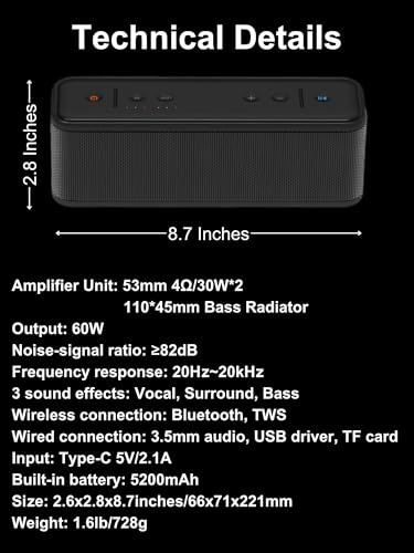 COSCTOR Modern Bluetooth Speaker 60 Watt HiFi DSP Portable TWS Wireless Speaker Fashion Style Support USB/TF Card/AUX/FM Radio for Bedroom Outdoor Party Birthday Gift