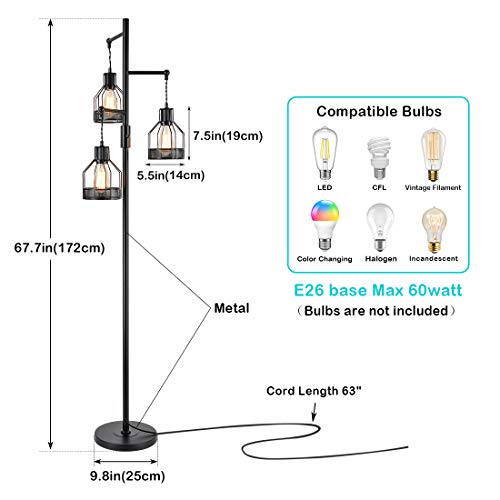 Jobtical 3 Lights Industrial Floor Lamp, Black Farmhouse Standing Lamp, Minimalist Metal Diamond Shades Tall Lamps, Rustic Edison Hanging Led Bulbs With On/Off Switch, Rustic Tall Clearance Lights #TOP1