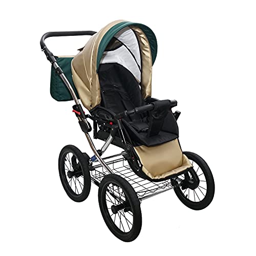 SKYLINE Klassisch Retro Stil LUX Kombi-Kinderwagen Buggy 3in1 Reise System Autositz (Isofix) (Grün/14"Luft Bereifung)