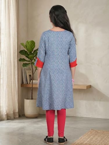 Image of Yash Gallery Girls Rayon Regular Fit Geometric Print A-Line Kurta