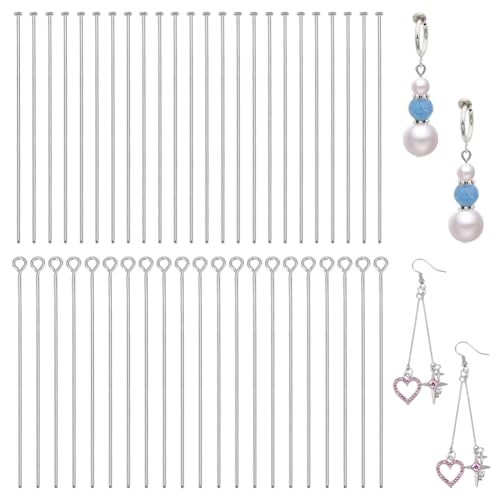 PH PandaHall 400pcs 304 Stainless Steel Eye Pins Flat Head Pins, 50mm Straight Head Eye Pins Flat Metal Pins Jewelry Findings Head Pins for Earring Bracelet Necklace Pendant Making