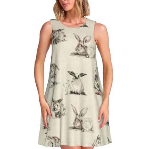 Robe d'été sans manches à poches latérales et imprimé lapin style décontracté