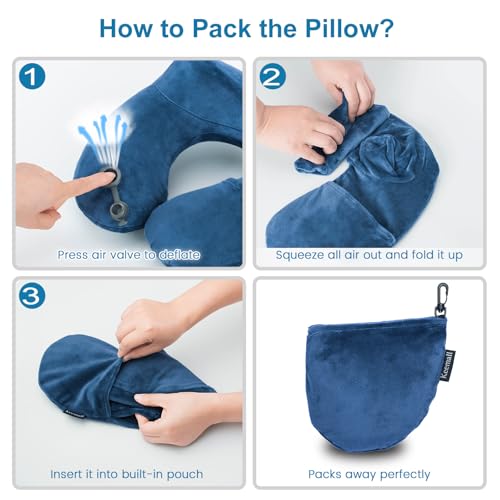 Image of Keemall Inflatable Travel Pillow - Soft Velvet U-Shape Inflatable Neck Pillow for Airplane /Bus /Car, Lightweight Comfortable Support for Long Journeys, Relieves Neck Pain, Navy Blue