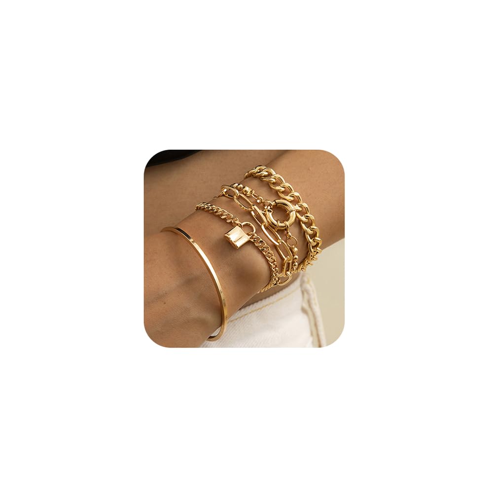 Boho Fashion Dainty Boho Gold Silver Chain Stackable Lock Bracelets Set for Women Adjustable Beaded Chunky Flat Cable Chain Punk Bracelets Jewelry for Women Gift Set of 5