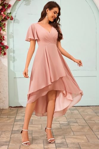 V Neck Short Bridesmaid Dresses with Ruffle Sleeves Chiffon Pleated High Low Formal Evening Gowns2