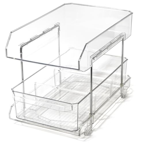 BINO 2 Tier Clear Storage Organizer with Dividers | Bottom Slide Out Drawer for Under Sink, Medicine Cabinet | Bathroom Closet, Vanity, Pantry Organizer | Under Cabinet Storage for Bathroom & Kitchen