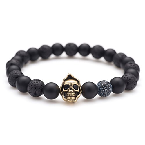 Karseer Death Skull Charm with Black Matte Onyx and Lava Stone 8mm Beads Stretch Bracelet, Lava Rock Aromatherapy Essential Oil Diffuser Bracelet for Stress Relief