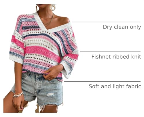 Image of Acelitt Crochet Tops for Women Summer Short Sleeve Sweater | Boho Striped Knit Top, 3 /4 Sleeve, Hollow Out Oversized Sweaters, Lightweight Blouses, Spring Fall Outfits for Beach Vacation