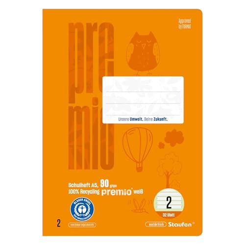 Staufen Green Schreiblernheft - DIN A5 Lineatur 2 (4/4/4mm liniert farbig hinterlegte Lineatur) 16 Blatt premiumweißes 90g/m Recyclingpapier runde Ecken verhindern Eselsohren 1 Stück