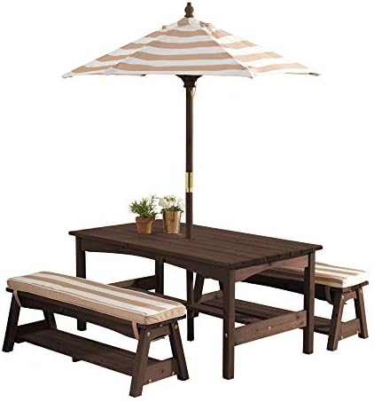 KidKraft Outdoor Wooden Table & Bench Set with Cushions and Umbrella, Kids Backyard Furniture, Espresso with Oatmeal and White Stripe Fabric, Gift for Ages 3-8