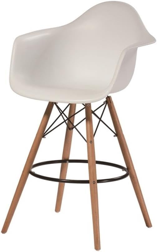 Pemberly Row Contemporary Bar Stools, White Polypropylene Resin Seats, Wooden Legs with Steel Accents, Set of 2, Modern Style Bar Seating for Kitchen or Home Bar Use