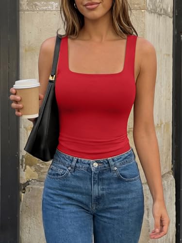 Image of Trendy Queen Women's Double Lined Square Neck Tank Top | Buttery Soft, No-Bra Friendly Slim Fit Crop Cami for Summer Layering & Casual Wear