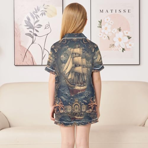 ALAZA Vintage Sailboat Octopus Compass Satin Pajamas Set Short Sleeve Button Down Sleepwear Summer Pjs 2 Piece4