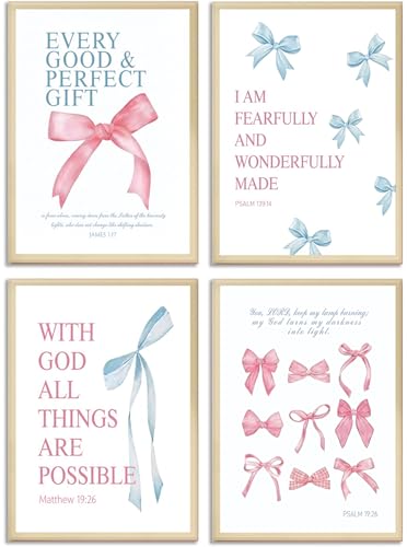 yunjulp 4pcs Coquette Bow Canvas Wall Art Prints Posters, Blue Pink Bow Room Bedroom Bathroom Dorm Wall Decor Aesthetic for College Teen Girls Gifts, Inspirational Bible Verses Bow Pictures 12x16in