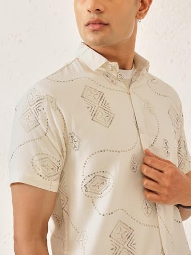 Image of Majestic Man Men's Slim Fit Pure Cotton Printed Casual Shirt - Short Sleeve | Premium Breathable Fabric | Modern Geometric Design
