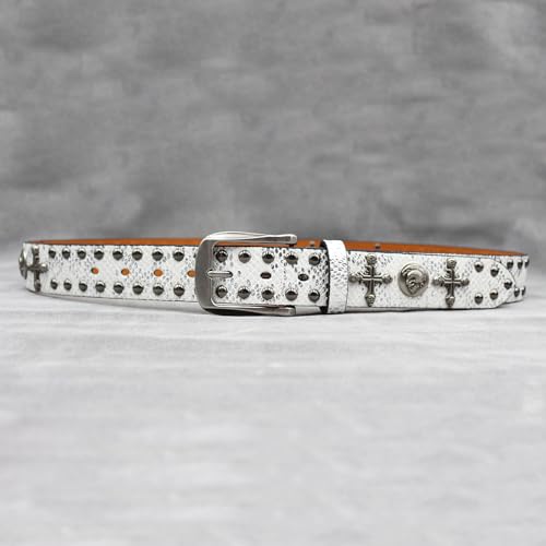 Western Studded Belt for Women Men, Engraved Cross Skull Head Round Rivet Shining Sequin Leather Punk Waist Strap(105cm/41, White)4