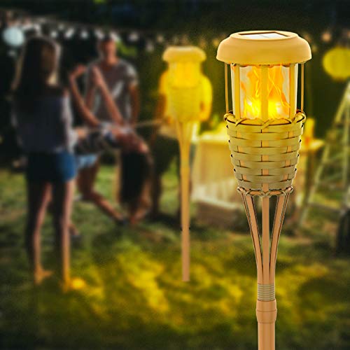 Evelynsun Flickering Flames Solar Powered Lights - Upgraded Solar Torches Waterproof Outdoor Decorative Lighting Auto On/Off, Handmade Bamboo Finish, 2-Pack #TOP1