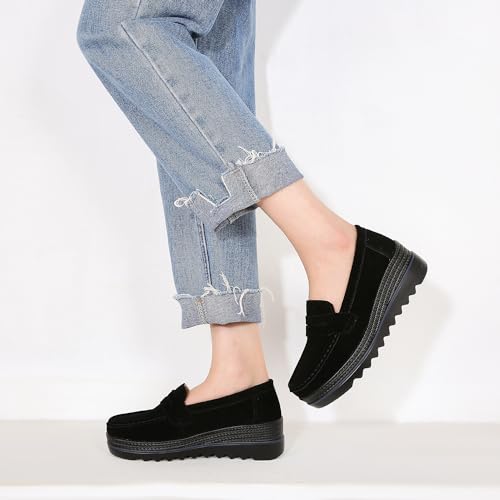 Image of Ruiatoo Women's Slip-On Platform Loafers Suede Wedge Mocs Low-Top Lightweight Casual Office, Travel, Daily Walking Shoes