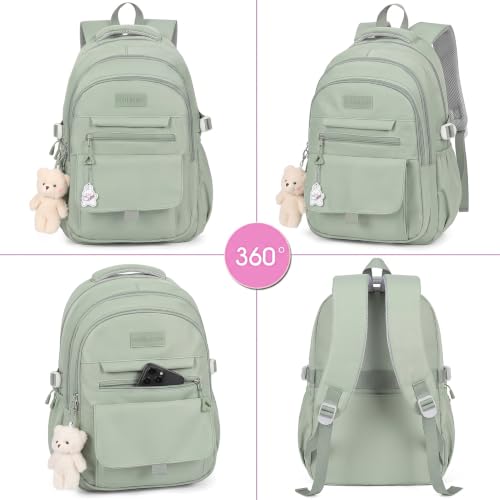 Image of PRLINJSK Girls Backpack for College High Middle School Student, Cute Aesthetic Bookbag for Teens Women with Accessories,Green