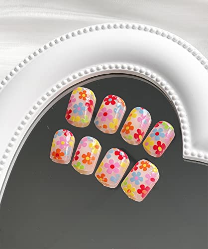 Short Press On Nails Square Summer Fake Nails Full Cover False Nails With Color Flower Designs Glossy False Nails With Nail Glue Nail Accessories Artificial Acrylic Nails For Women Girls 24 Pcs #TOP4