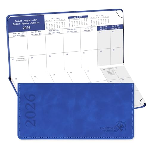 POPRUN Agenda Mensual de Bolsillo 2026, 17.4 x 8.3 cm, Cubierta de Cuero PU, 12 Meses: Ene. 2026 a Dic. 2026, 2 Páginas por mes, 80 GSM Papel EU EU, Azul Zafiro