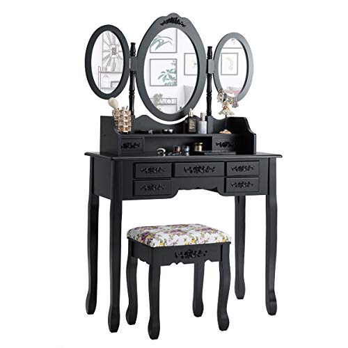 Charmaid Vanity Set With Tri-Folding Mirror And Cushioned Stool, Dressing Table With 7 Drawers And A Shelf, Makeup Table Writing Desk With Removable Top, Makeup Vanity Set For Women Girls (Black) #TOP7