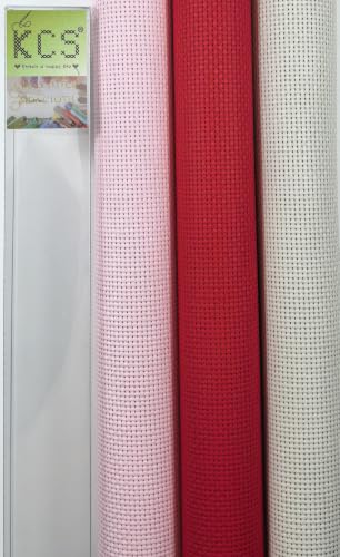 Image of KCS 3 pc of 15 inch x 18 inch(38cmx45cm) 11 Count Cross Stitch Cotton Aida Cloth Needlework Rolled Fabric Box,11CT,Pink+Red+Pearl Grey