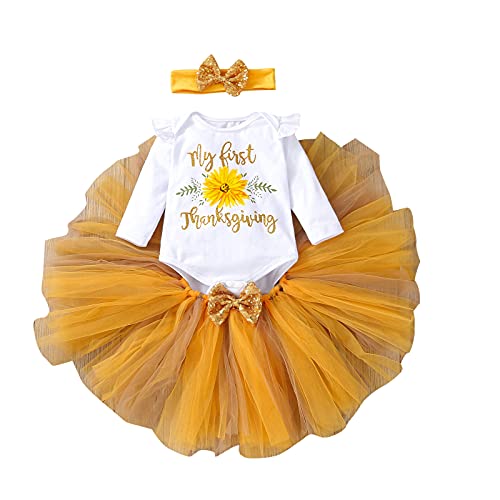 Image of Baby Girls My First Thanksgiving Outfits Long Sleeve Romper Bodysuit Tulle Tutu Skirt Set Party Cosplay Dress