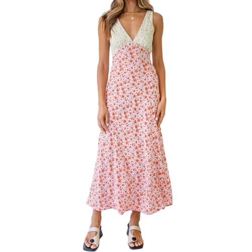 Image of Women Midi Dress Bohemian V Neck Long Dress Sleeveless Floral Print Maxi Dress, Women Y2k Floral Deep V Neck Maxi Dress