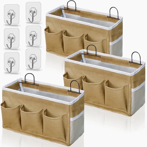 Kanrichu 2pcs 3-pockets Large Wall Hanging Organizer Bag, Linen Fabric Door Hanging Storage Baskets with Pockets, Waterproof Bin for Kitchen, Bedroom, Office, RV Camper (Khaki-3pcs)