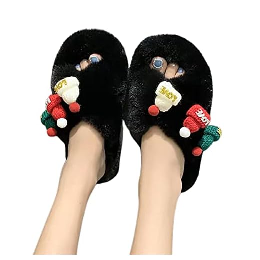 Söt plysch Sovrumstofflor Kvinnor Vuxen Rolig Jul Hatt Dekoration Husskor Noverlty Warmies Tofflor(Color:black,Size:8)