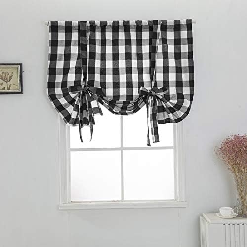 XSlive Plaid Shades Curtains Balloon Window Shade Kitchen Rod Pocket Curtain Adjustable Tie Up Shades for Small Windows Living Room Window Treatment Tiers with 1 Panels (24"x47", Black and White)