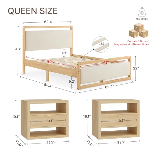 KISLOT 3 Pieces Bedroom Set, Wood Bed Frame with Upholstered Headboard & 2 Nightstands with Storage, Wooden Platform Mattress Foundation Farmhouse Bedroom Furniture Set