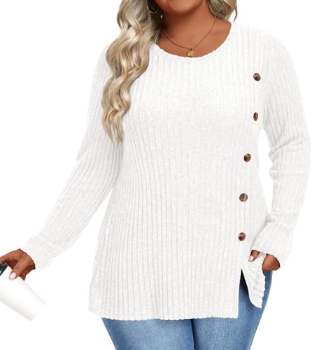Image of HOTGIFT Womens Plus Size Sweater Tops Long Sleeve Crewneck Casual Tunic Shirts Buttons XL-5XL Blouse Soft Comfy Fashion
