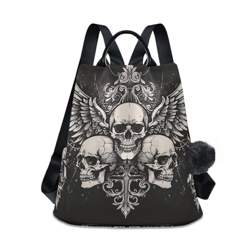 Sac à dos femme motif tête de mort noir avec poches zippées et bretelles réglables