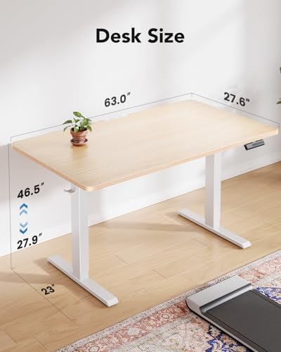 HUANUO 63" x 28" Electric Standing Desk Adjustable Height, 4 Memory Height Settings, Headphone Hook, Cable Manager, Sit Stand Up Desk for Home Office & Computer Workstation, Nature