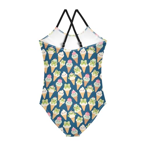 senya Girls Swimsuits One-Piece Swimwear Tie Bathing Suit Beach Summer Round Neck 5-6T Ice Cream Frog Pattern2