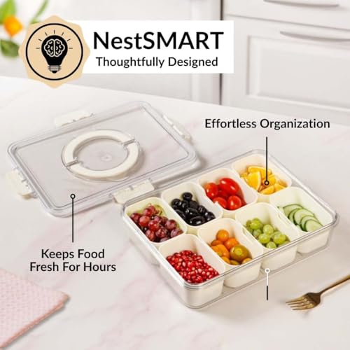 Image of Nestasia Divided Fridge Organiser Storage Box with Lid and Handle - Airtight Fridge Storage Container with 8 Removable Compartments, BPA-Free Multipurpose Serving Veggie Tray