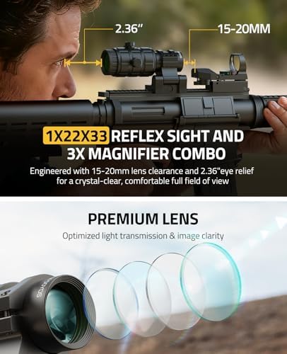 CVLIFE 1X22X33 Red Green Dot Sight and 3X Magnifier Combo, Motion Awake Multi-Reticle Circle Dot Open Reflex Sight with Flip-to-Side Magnifier, Absolute Co-Witness Mount for 21MM Picatinny - 4