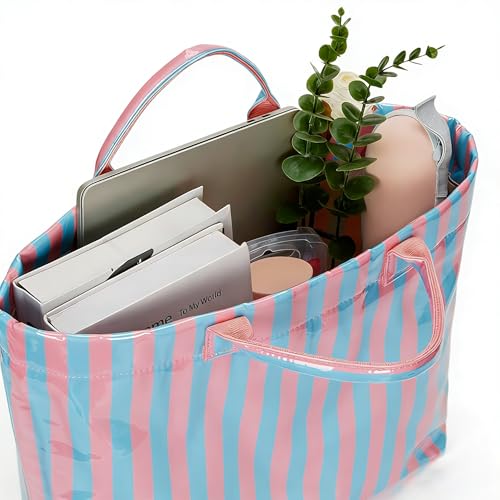 Image of Lushandy Striped PVC Tote Bag for Women, Waterproof Plastic Tote Bag for Beach Pool Large Top Handle Travel Hobo Handbag | Waterproof Material