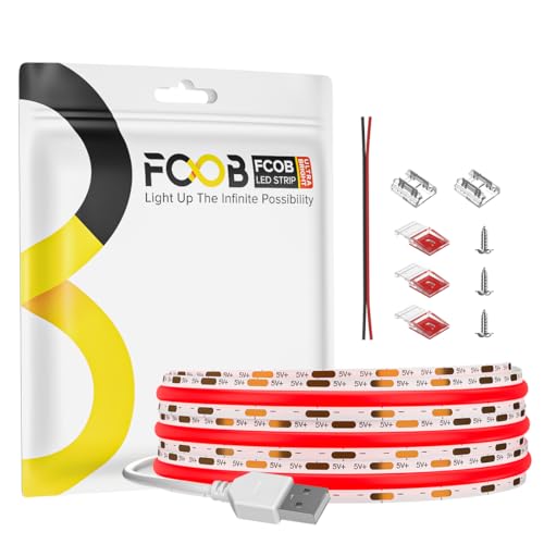 Image of 6.56FT /2M 5V USB LED Light Strip Red Flexible High Density COB Strips 640LEDs, 8mm LED Tape for Under Cabinet Bedroom No Controller and Power