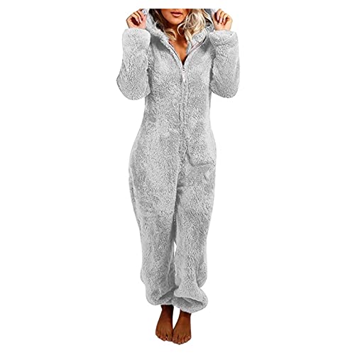 Lovor Women Onesies Fluffy Fleece Jumpsuits Sleepwear Plus Size Hood Sets Pajamas for Adult Winter Warm Pajamas Homewear(Gray,M)