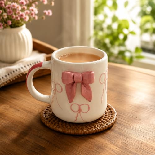 Image of Niyara Stoneware Handmade Premium Ceramic Tea Cups and Coffee Mugs Set of 2 (Ribbon Design)