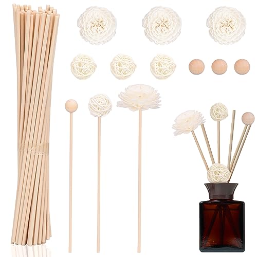 GiReich 50 Pcs Varillas Difusoras de Lámina Aroma Diffuser Sticks, Varillas Difusoras con Decoración Takraw, Varilla de Ratán Reed Diffuser Stick para Aceite Esencial de Aroma, 20cm x 3mm